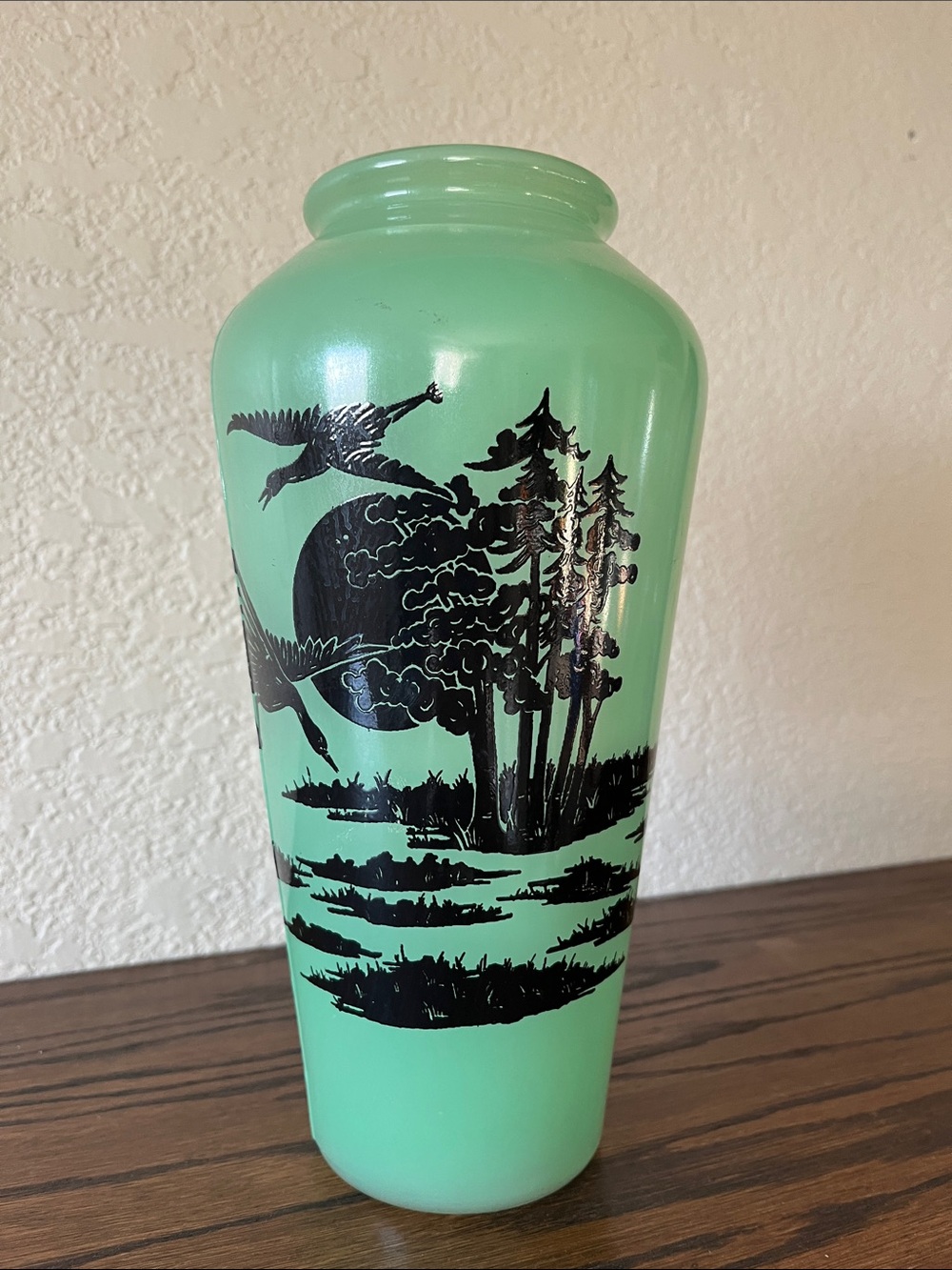 Vintage Opaque Green Glass Vase • Cranes & Woodland Silhouette • 12”